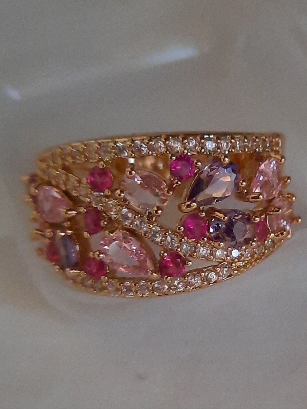 Gold-Tone Pink & Purple Crystal Floral Ring Size 7